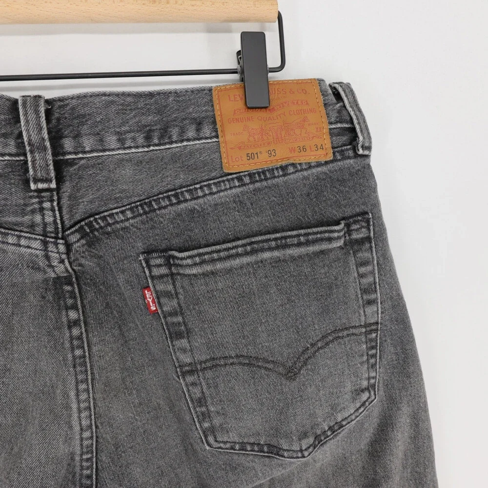 Levis 501 93 Jeans Mens 36x34 Black Gray Stretch Denim Button Fly Premium